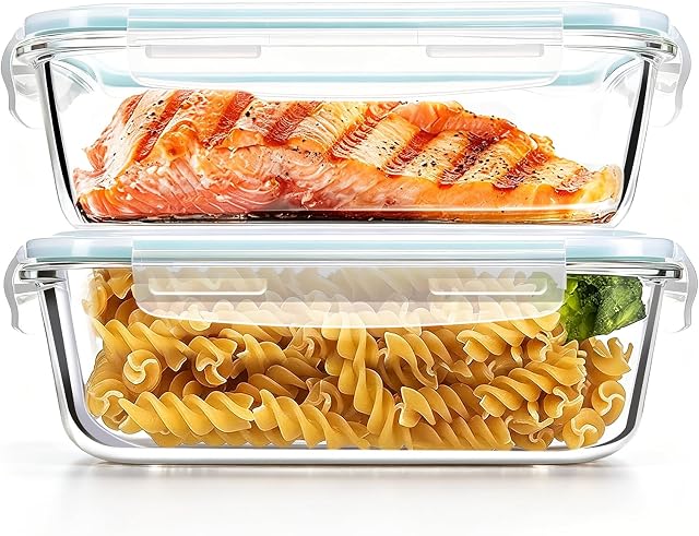 Luvan paquet de 2 1520Ml Grand récipient en verre Entreposage des aliments, prépa hermétiquement avec coffret à lunch BPA Gratuit & Fuite-Proof pour Micro-ondes, Four, Réfrigérateur et Lave-vaisselle Safe