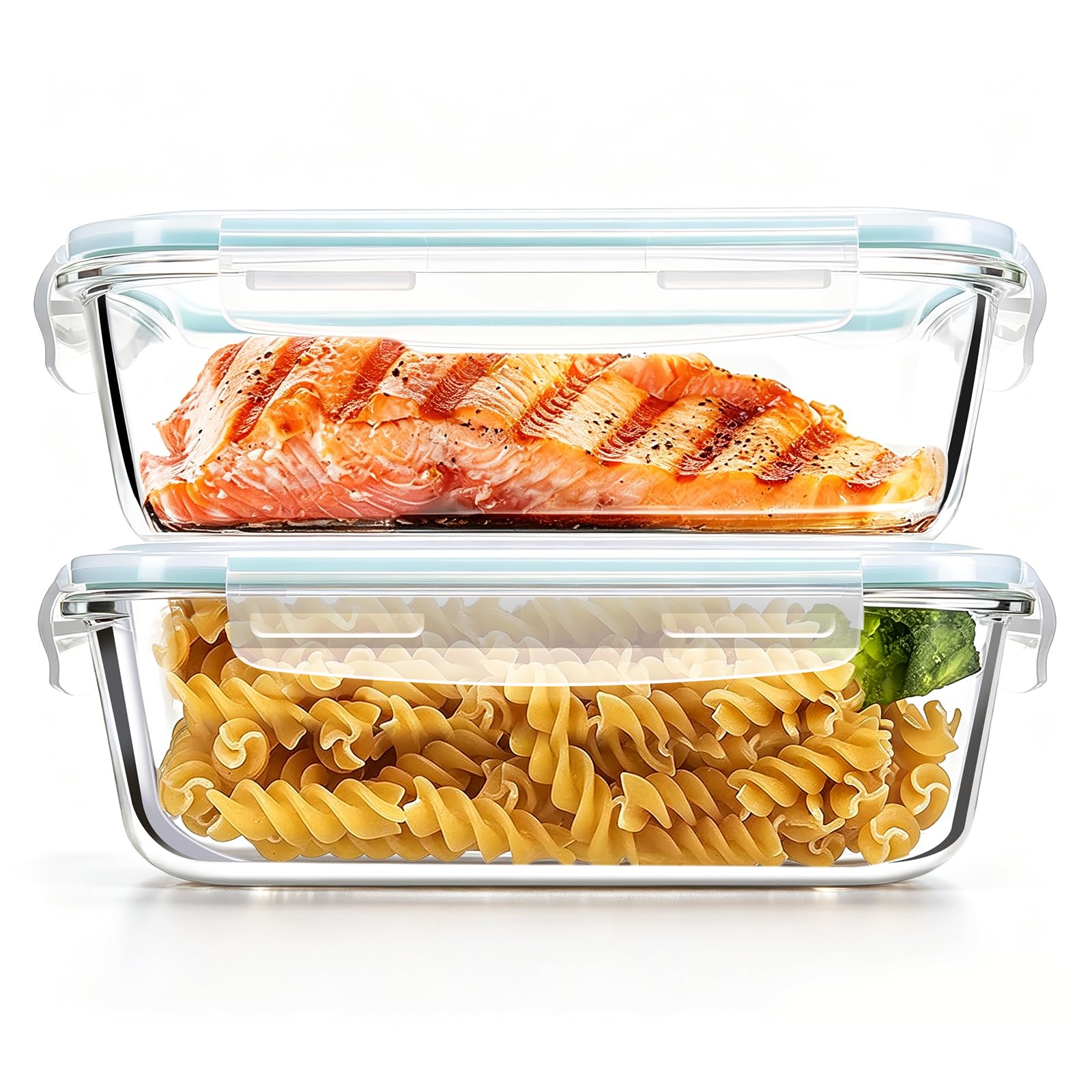 Luvan 2 * 1,52L Recipientes grandes de Cristal con Tapas para Alimentos, Recipientes de Meal Prep/Cajas Bento/Cajas de Almuerzo con 4 Cierres de Pestañas, Aptos para Refrigerador y Lavavajillas