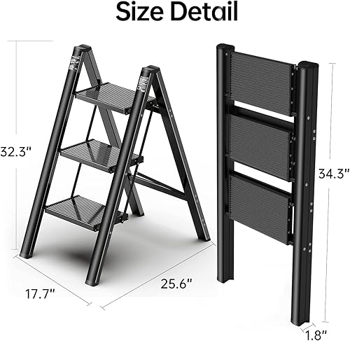 Miniatura 6 de Escalera plegable con 3 taburetes de cocina de aluminio, escaleras ligeras plegables de 330 libras con pedal ancho antideslizante, escalera portátil
