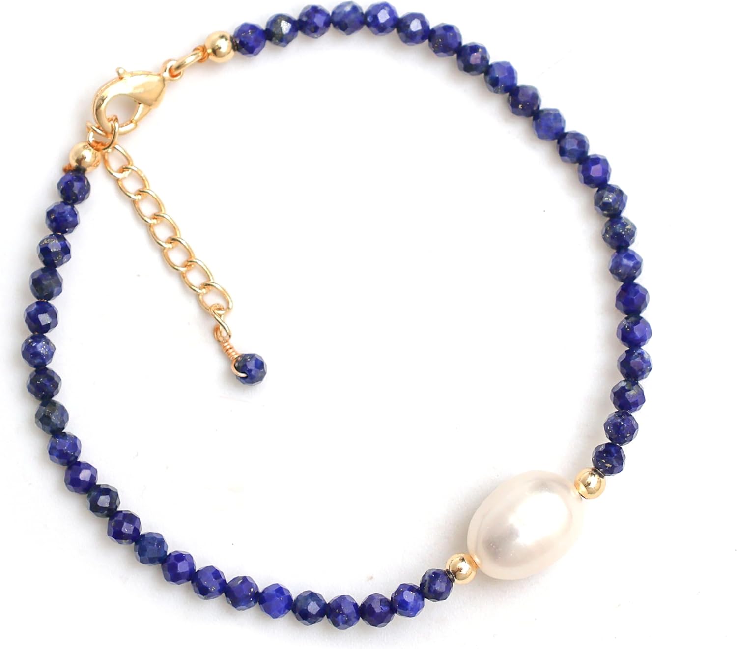 Gempires Handmade Beaded Crystal Bracelets with Freshwater Pearl Gemstone Jewelry Hypoallergenic 7.5 Inch Gold Plated Everyday Wear Bracelet Gifts (Lapis Lazuli) - Image 5