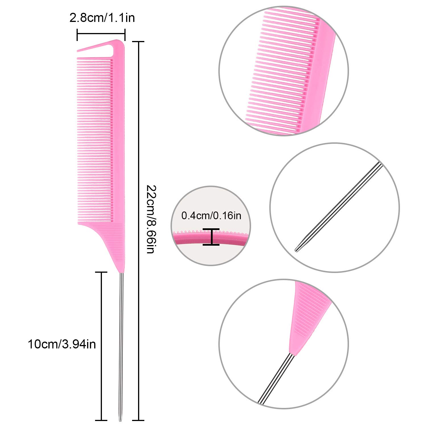 4 Piece Parting Comb for Braids Rat Tail Comb Steel Pin Rat Tail Carbon Fiber Teasing Combs with Stainless Steel Pintail (Black, Pink)