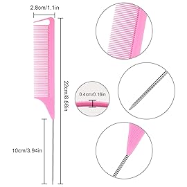 Patelai 30 Pieces Parting Comb for Braids Steel Hair Pin Rat Tail Carbon Fiber Heat Resistant Teasing Combs with Stainless Steel Pintail(Black and Pink)