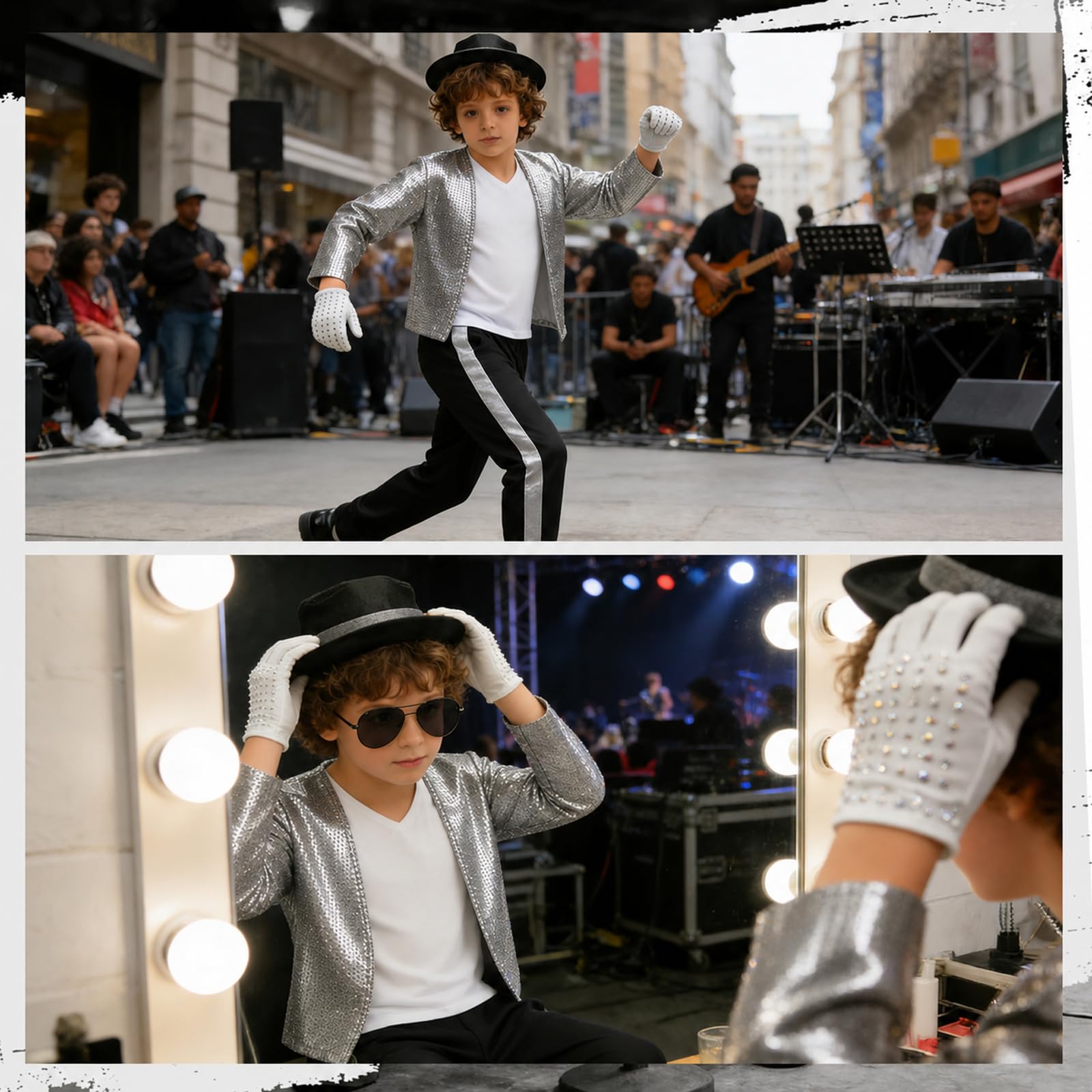 SINSEN Pop Star Costume for Kids 80s 90s Disco Outfit Sequin Jacket Pants Hat T-Shirt Gloves Sunglasses Necklace Fancy Dress Costume for Halloween Cosplay Party World Book Day 3-12 Years - Image 6