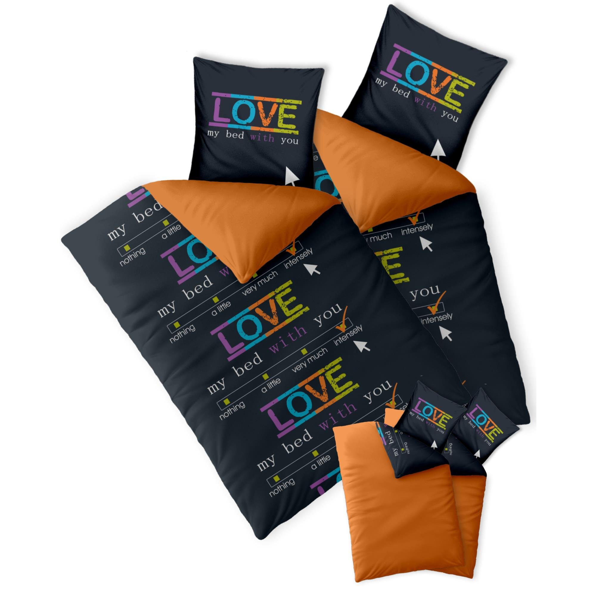 CelinaTex Fashion Bettwäsche 155x220 cm 4teilig Baumwolle Love Wörter Schwarz Orange