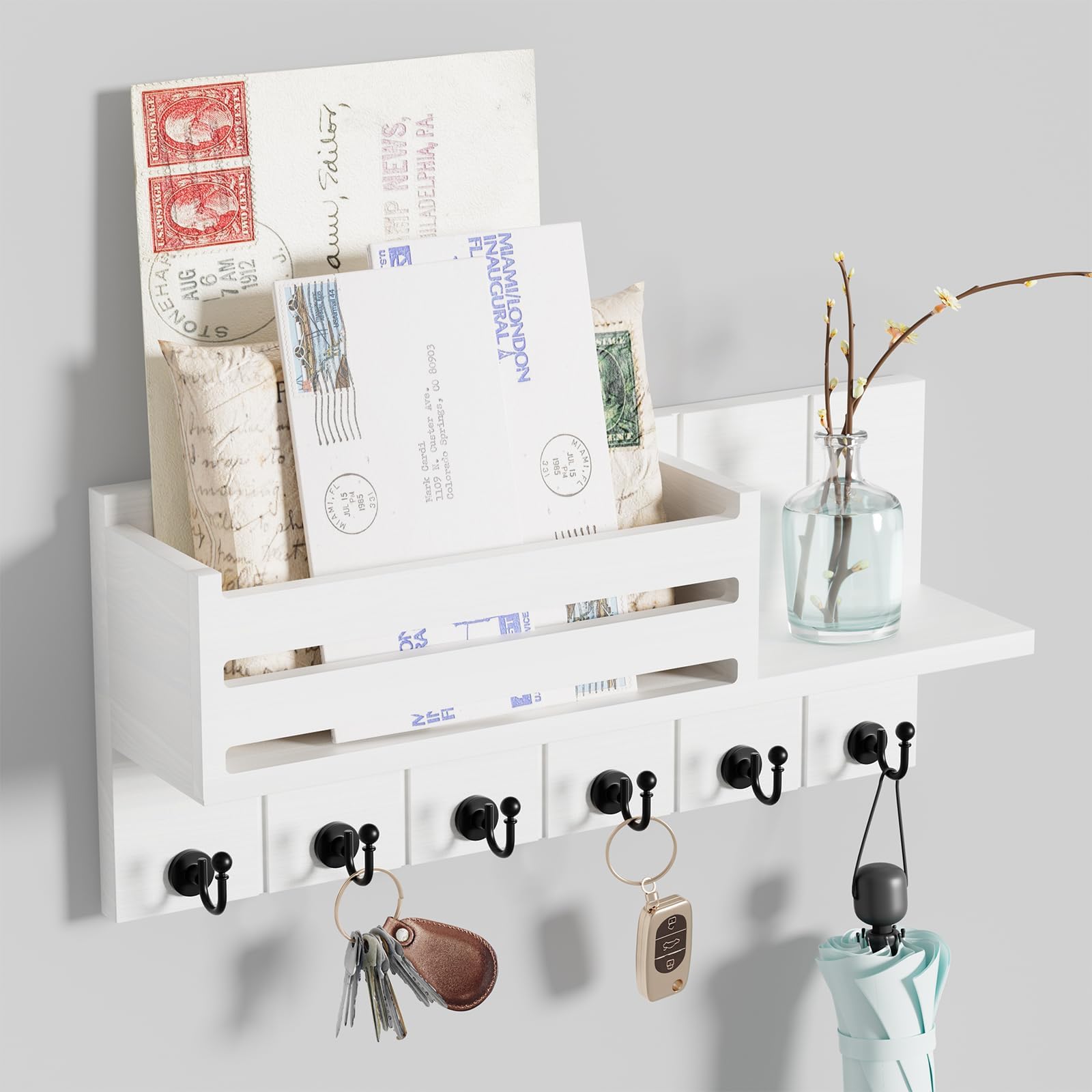 SWTYMIKI Key Holder for Wall - Key Hooks Wall Mounted with Shelf Include Letter Holder & 6 Hooks, Key Racks for Wall with Mail Organiser, Key Hanger for Living Room, Kitchen, Office, Entryway, Bedroom
