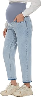 POSHGLAM Women's Maternity Boyfriend Jeans Over Belly Stretch Denim Pants Loose Casual Raw Hem Jeans with Pockets for Everyday Wear(Ombre Hem Light Blue 26'', X-Large)