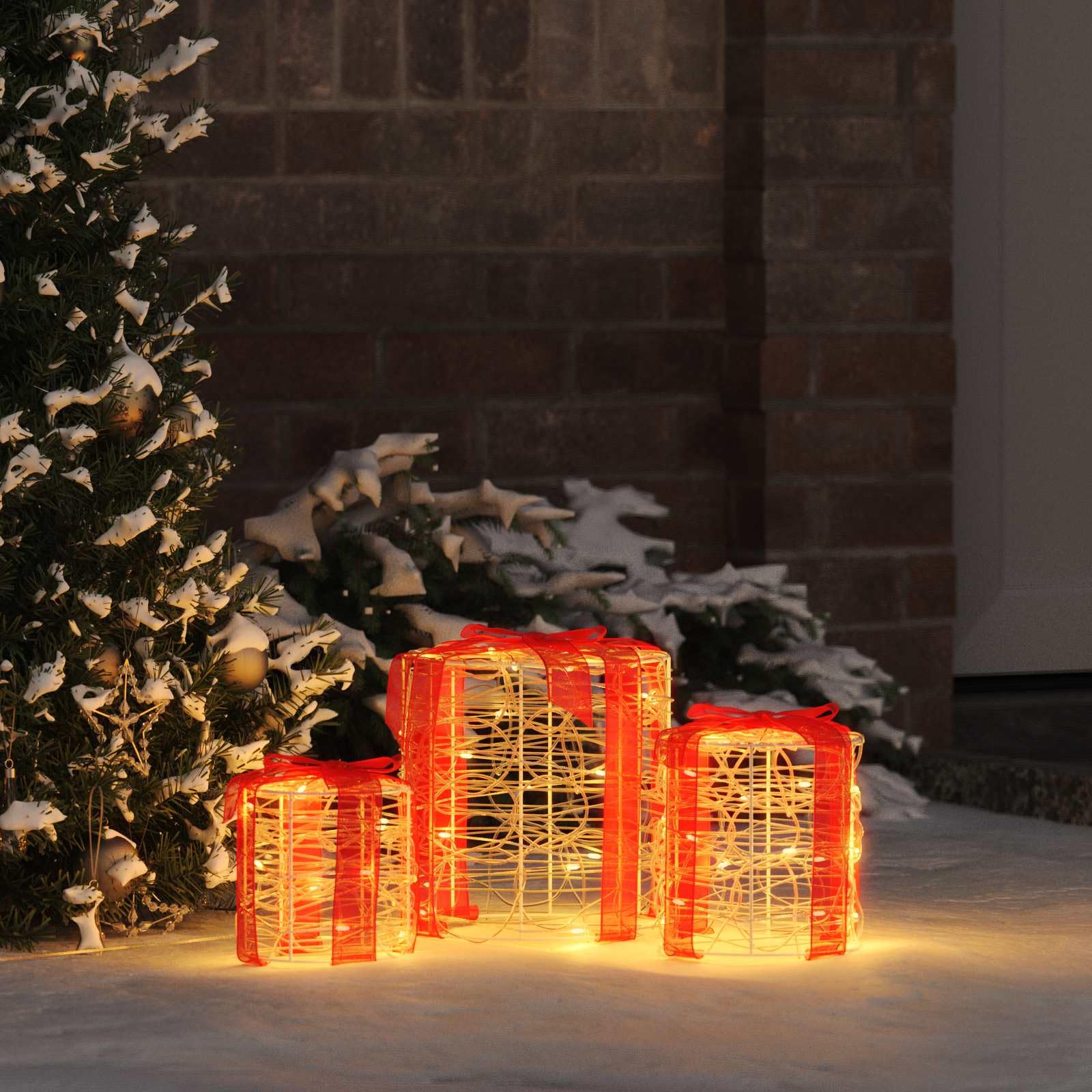 Pudełko na prezent, dekoracja, 3 sztuki, akryl, 20 x 20 x 21 cm, z paskami LED o ciepłej białej barwie, dekoracja bożonarodzeniowa do salonu, biura i na święta