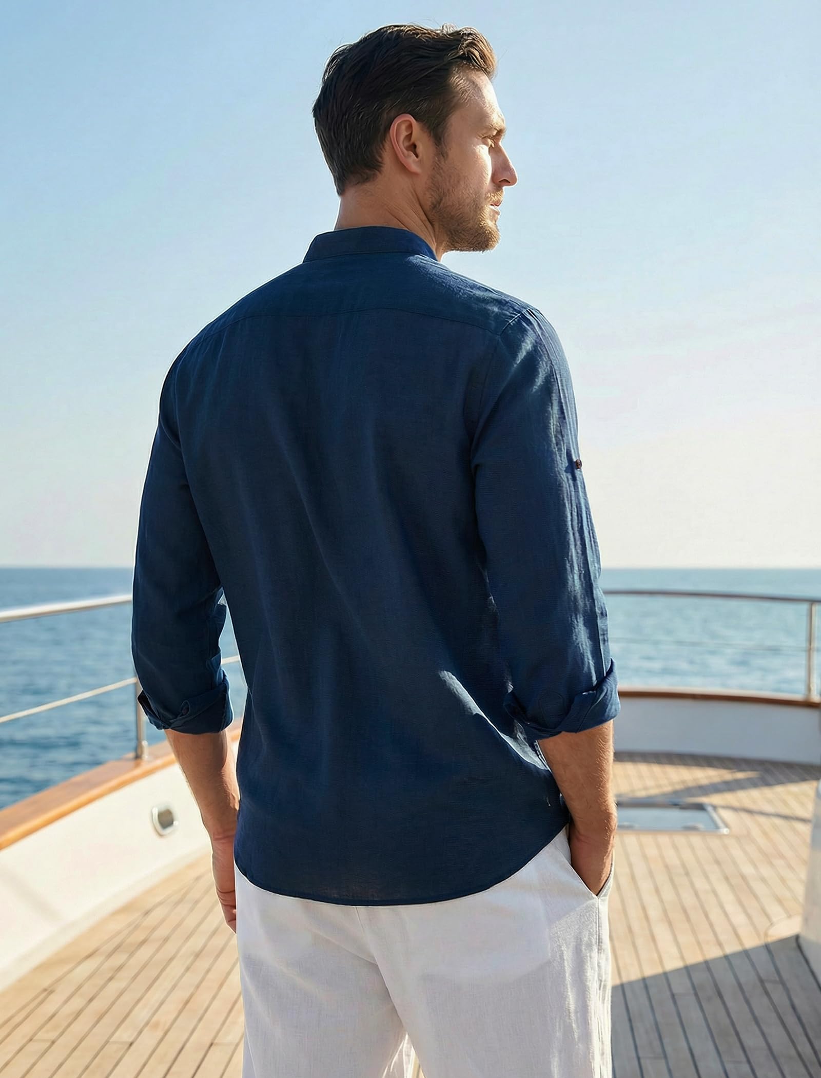 Enlision Camicia Lino Uomo Manica Lunga Estiva Camicia da Uomo Collo Coreana con Bottoni Maglia da Spiaggia Casual Henley Shirts S-2XL