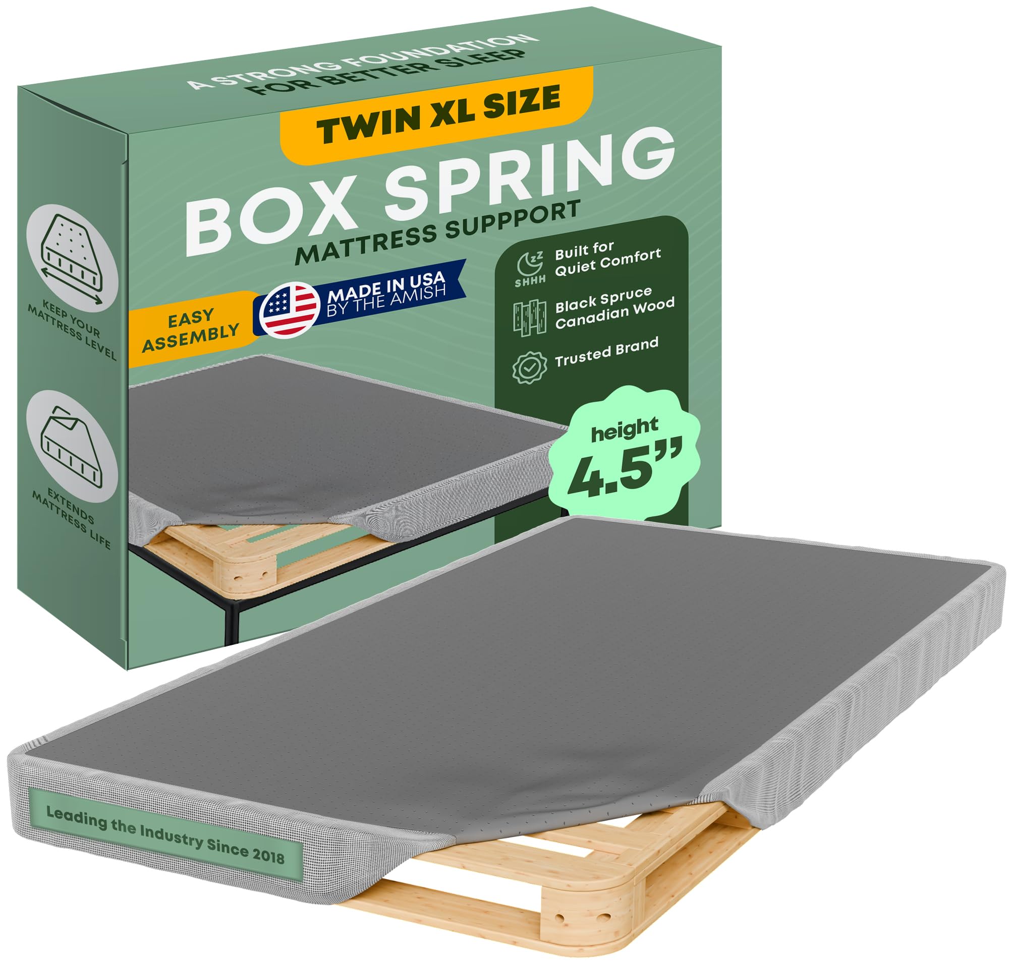 Greaton, 4.5” Twin XL Box Spring Only for Twin XL Size Bed – Amish-Made in The USA – Solid Wood Mattress Foundation with Stable &amp; Quiet Support – Flat-Packed &amp; Easy Assembly
