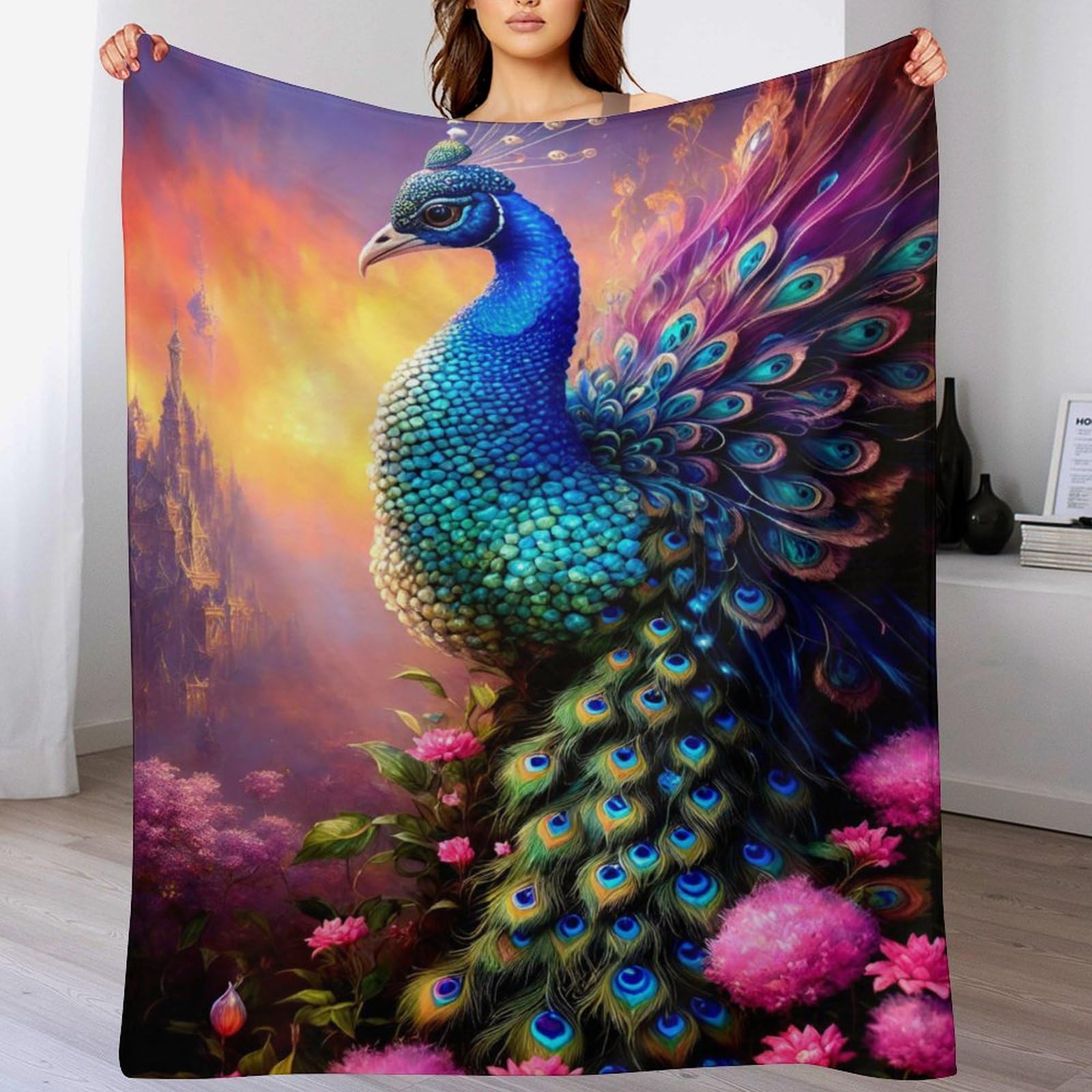 Couverture flannel paon 3D au fini moelleux haut de gamme pour lit double 180x200cm