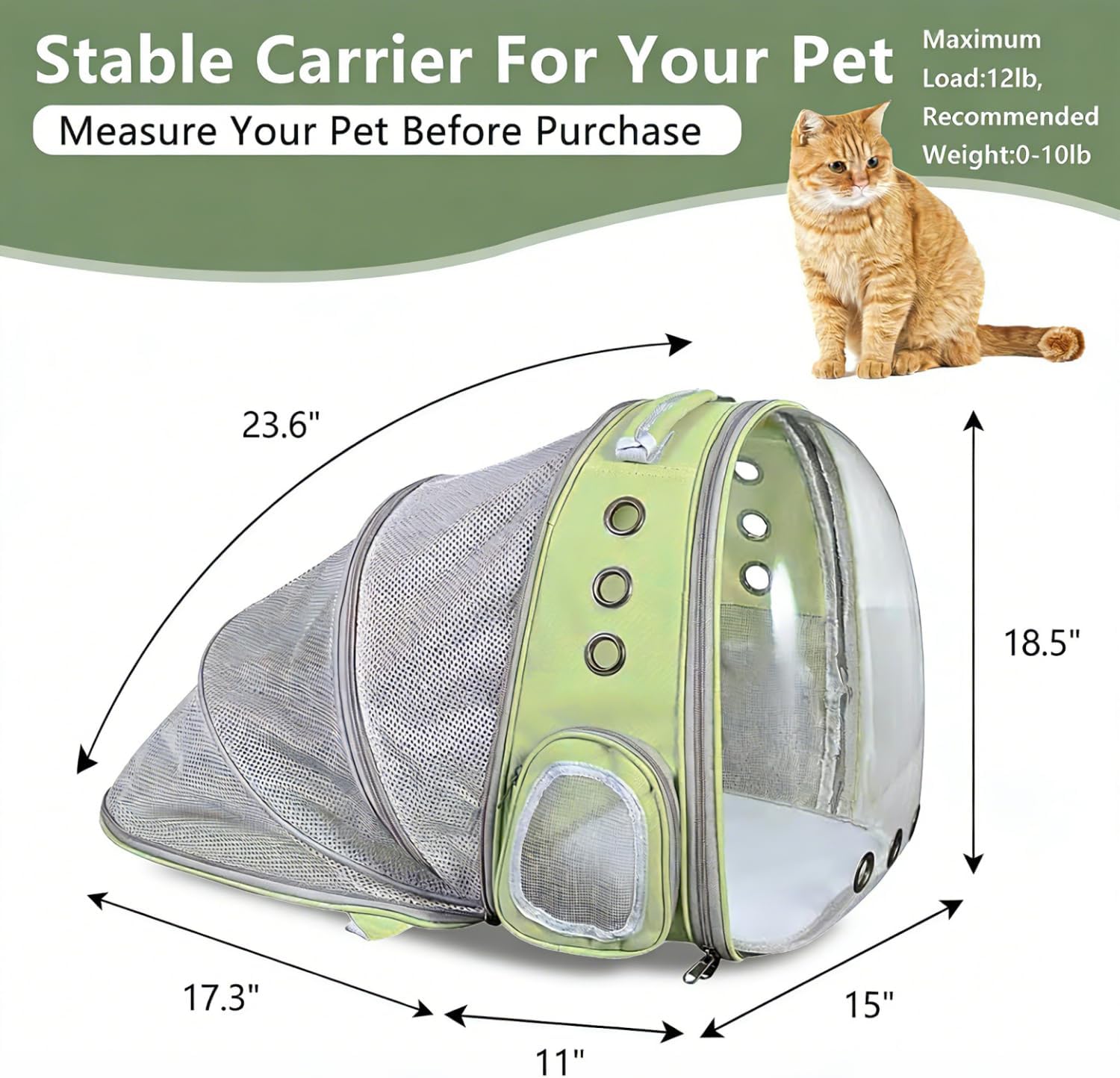 pet carrier backpack expandable for cats and small dogs, breathable anti-collapse design, airline approved travel backpack for hiking and outdoor use (back expandable-lightgreen)