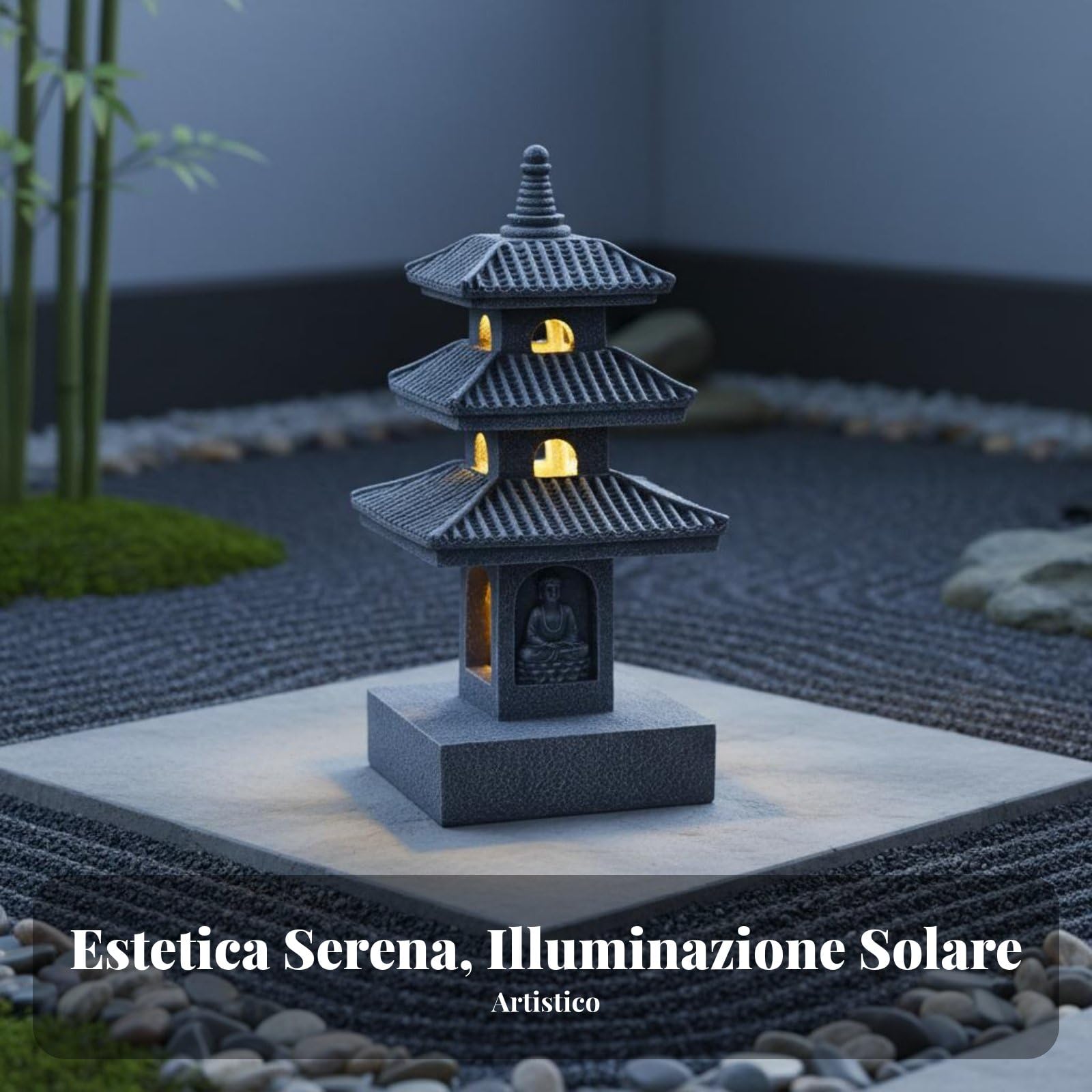 Statua Pagoda in Resina Lampada Solare Scultura Giardino Lanterna Esterno Stupa Pagoda a Energia Solare in Resina Antipioggia con Accensione, Grigio, Esagonale