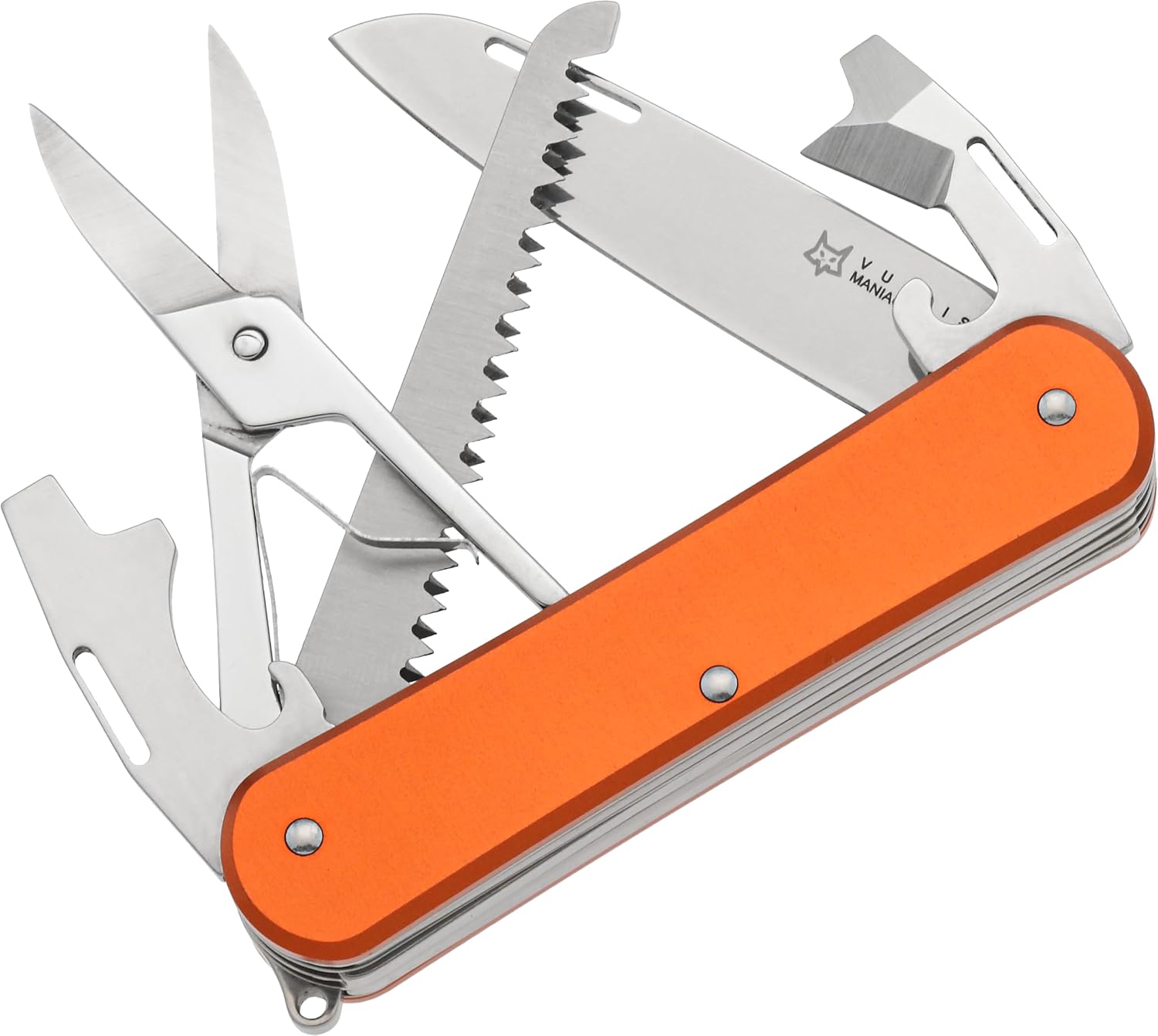 Fox Knives Vulpis FX-VP130-SF5 Slipjoint EDC Pocket Knife 5-in-1 Multitool - 2.17in Blade, Hacksaw, Bottle Opener, Can Opener, Scissors, Flat Head Screwdriver - Every Day Carry (Orange)