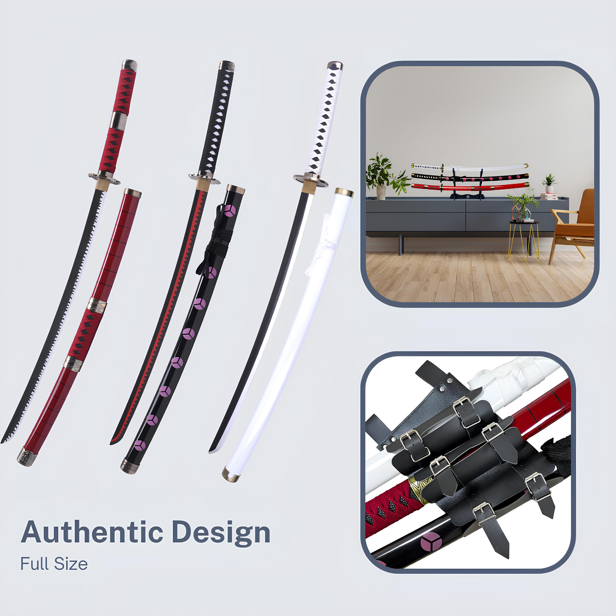Triple Katana One Piece – Roronoa Zoro Shusui Wado Kitetsu – Drei Manga-Nachbildungen Säbel + Ständer für Schwert aus Holz + Dreifachgürtel, SH-511-7WDL
