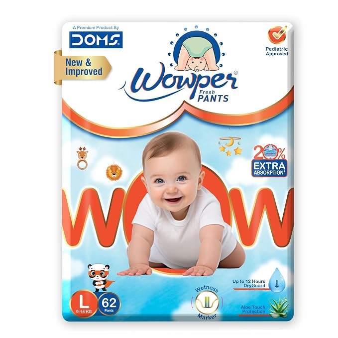Wowper Baby Diaper Pants | L-62 counts | Wetness Indicator |Anti Rash |up to 12 hrs Absorption |9-14 Kg | Super Soft Diapers