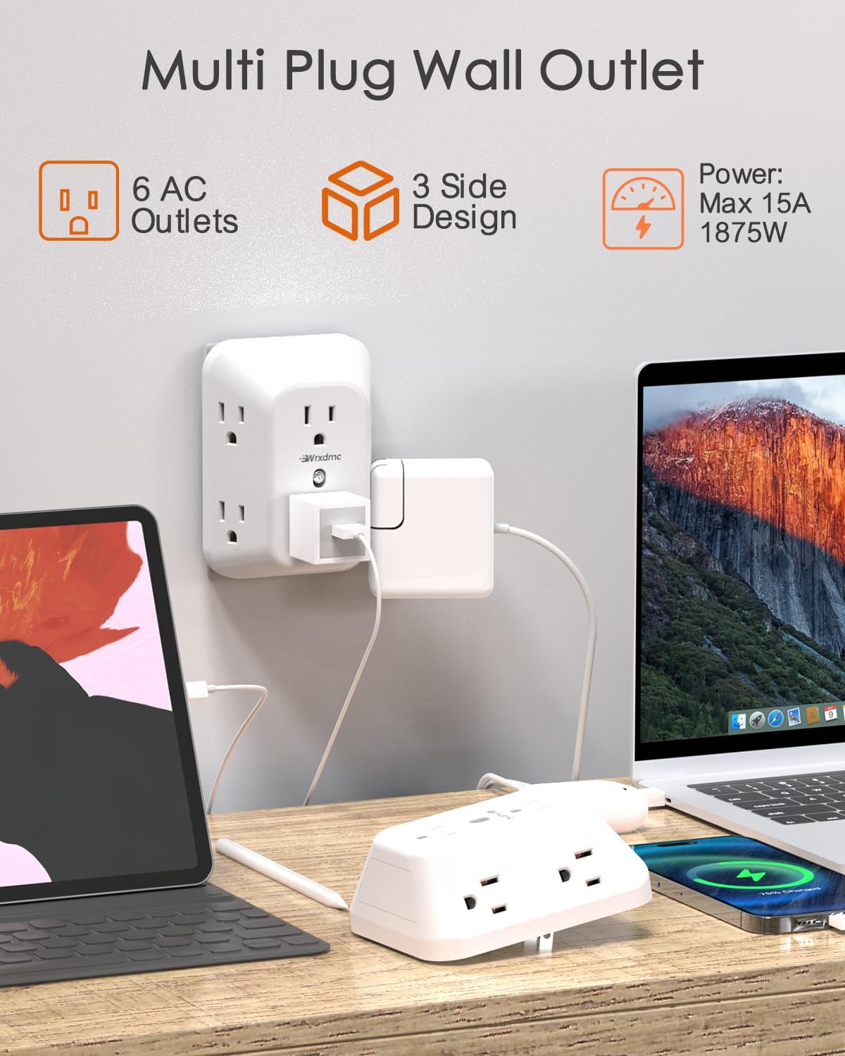 2 to 3 Prong Outlet Adapter, WRXDMC 2 Prong Power Strip, 3 to 2 Prong Outlet Adapter, Widely Spaced Multi Plug Outlet Splitter, 3-Sided 6 AC Outlets, Polarized Plug, Ideal for Old House