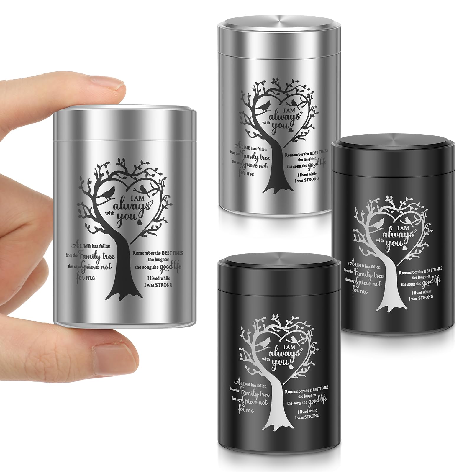 4 Pack Small Urns for Human Ashes, Tree of Life Mini Ashes Urn Set Aluminum Sharing Memorial Ash Keepsake, "Always With You" Cremation Container for Family Loved Ones Dog Cat Fur Ash Teeth — image 1