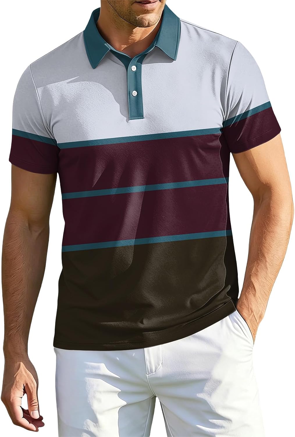Ymosrh Mens Wear Breeze Polo Shirts Short Sleeve Striped Print Performance Active Tennis Golf Collar Shirts, S-3XL