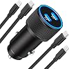 MFi Certified】iPhone Fast Car Charger, Linocell 60W Dual PD Car Power Cigarette Lighter USB-C Car Carplay Fast Charger with 2Pack Type-C to Lightning Braided Cable for iPhone 14 13 12 11 Pro XS iPad