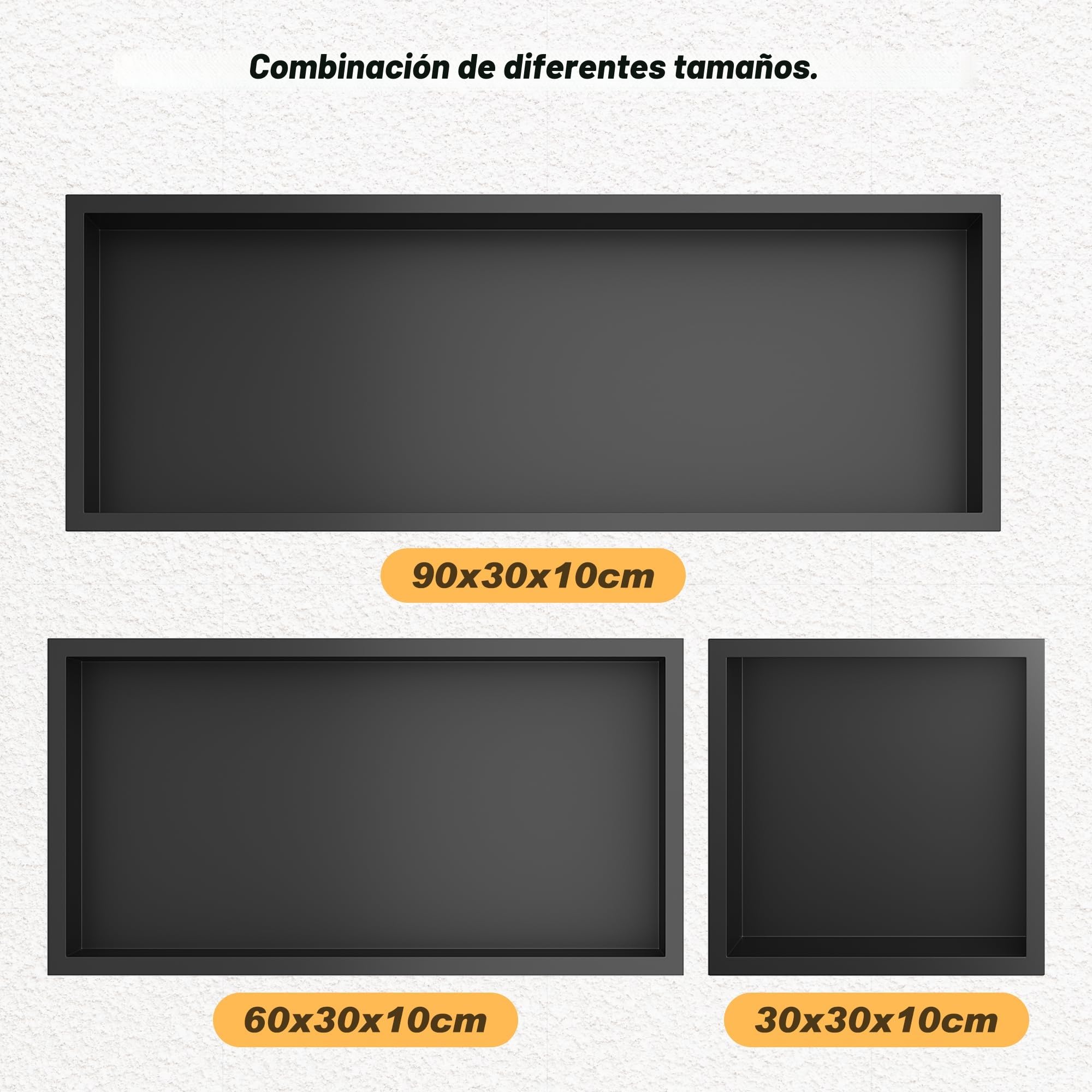 Sonni - Ducha de acero inoxidable, ducha empotrada, estante de almacenamiento individual para baño, impermeable, no requiere azulejos, 90 x 30 x 10 cm, negro, GNF90