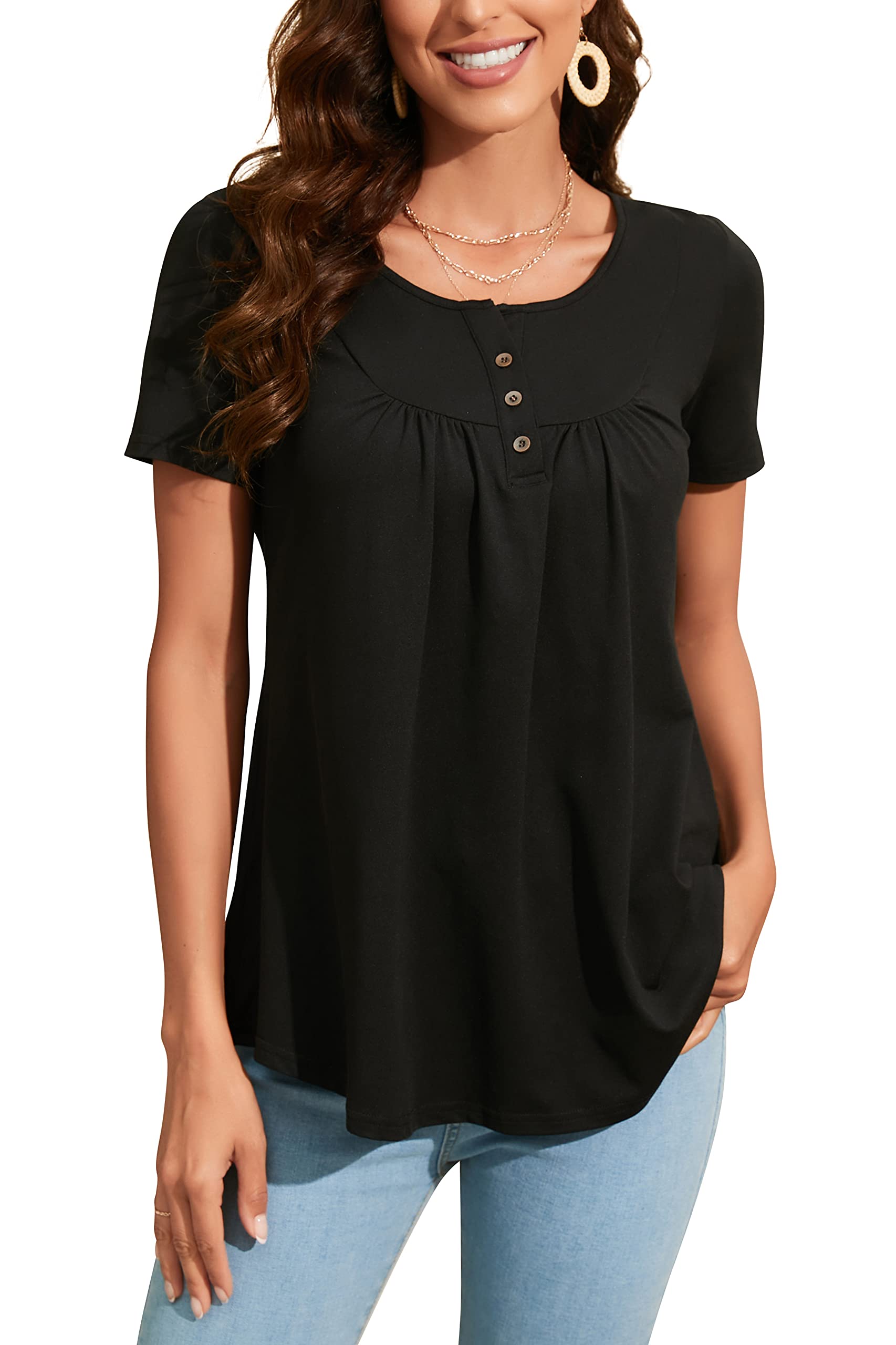 Enmain Mujeres Casual Túnica Tops Manga Larga Plisado Señoras Swing Tops Blusa Suelta Botones hasta V-Cuello Más Tamaño Túnica Camiseta para Mujer S-3XL