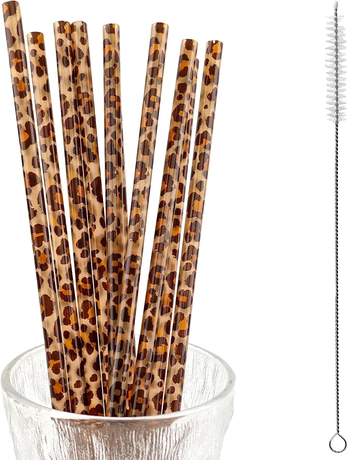 Reusable Leopard Straws, 10 Pack Leopard Print Plastic Drinking Straws with Cleaning Brush, Hard Plastic Cheetah Straws for Tumblers, Iced Coffee, Parties