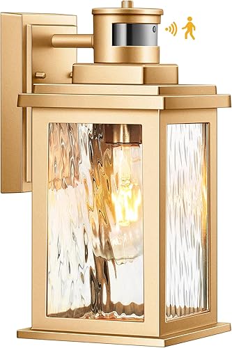 VIANIS Luces de porche con sensor de movimiento, lámparas para exteriores, montaje en pared del atardecer al amanecer, luces exteriores doradas
