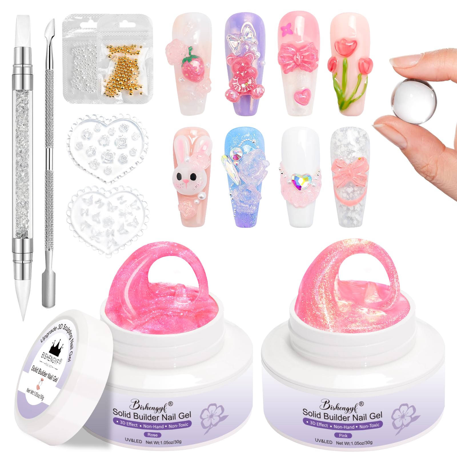 BISHENGYF 3d Gel for Nails,Large Capacity Clear 2pcs 30g Non-Sticky Mermaid Pearl 3d Sculpting Nail Gel,Clear Carving for Nail Extension Nail Art Salon Hom Diy Includes Molds(Rose Pink)