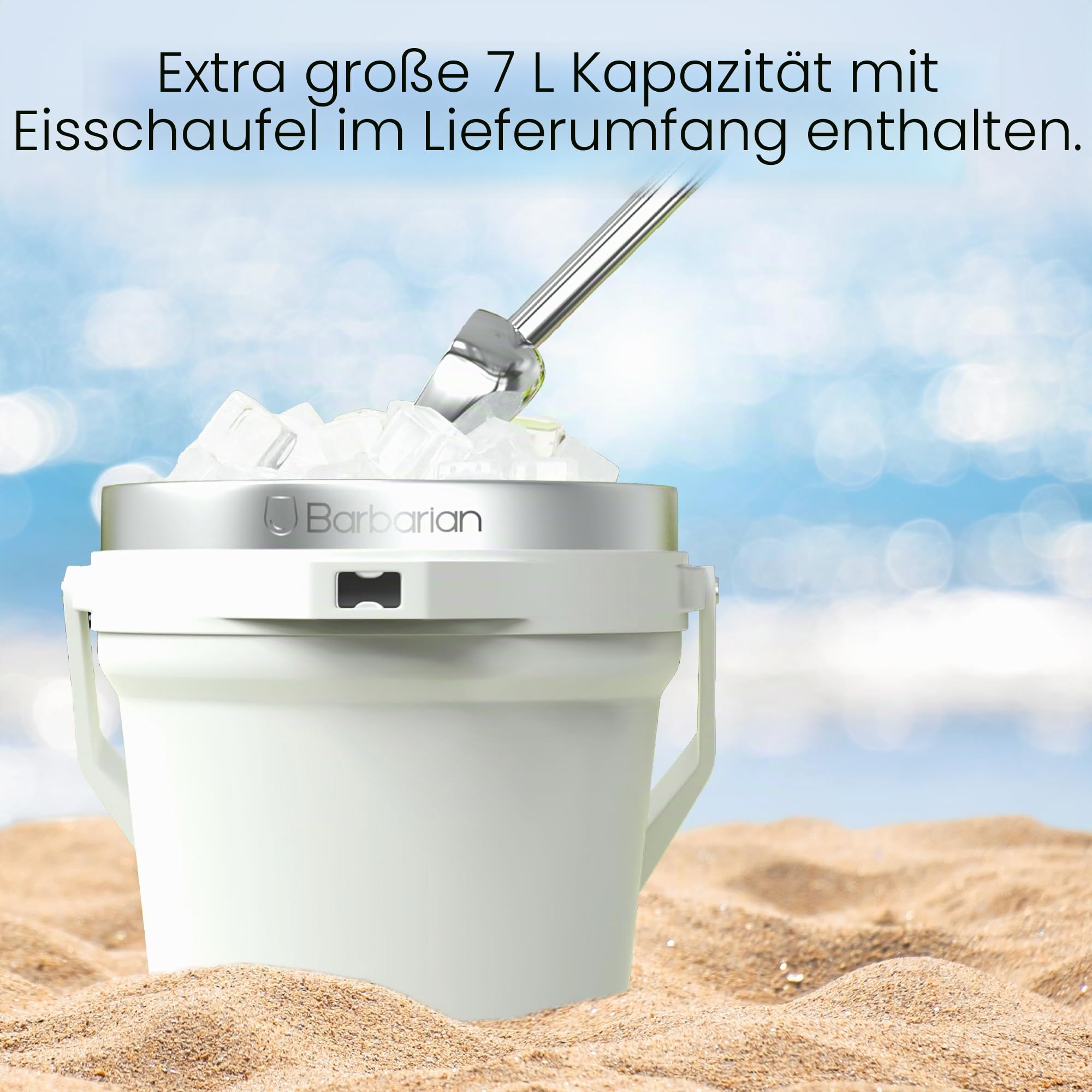Barbarian Getränkeeimer, doppelwandiger vakuumisolierter Eiskübel mit Deckel, extra großes Fassungsvermögen von 7 Litern, mit Eisschaufel und integriertem Flaschenöffner, Weiß
