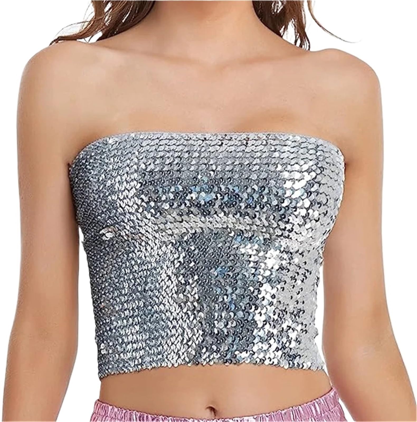 Top con Paillettes Top Corto da Donna a Sirena con Paillettes Scintillanti, Top a Tubo Metallizzati Senza Spalline for Feste e Clubwear
