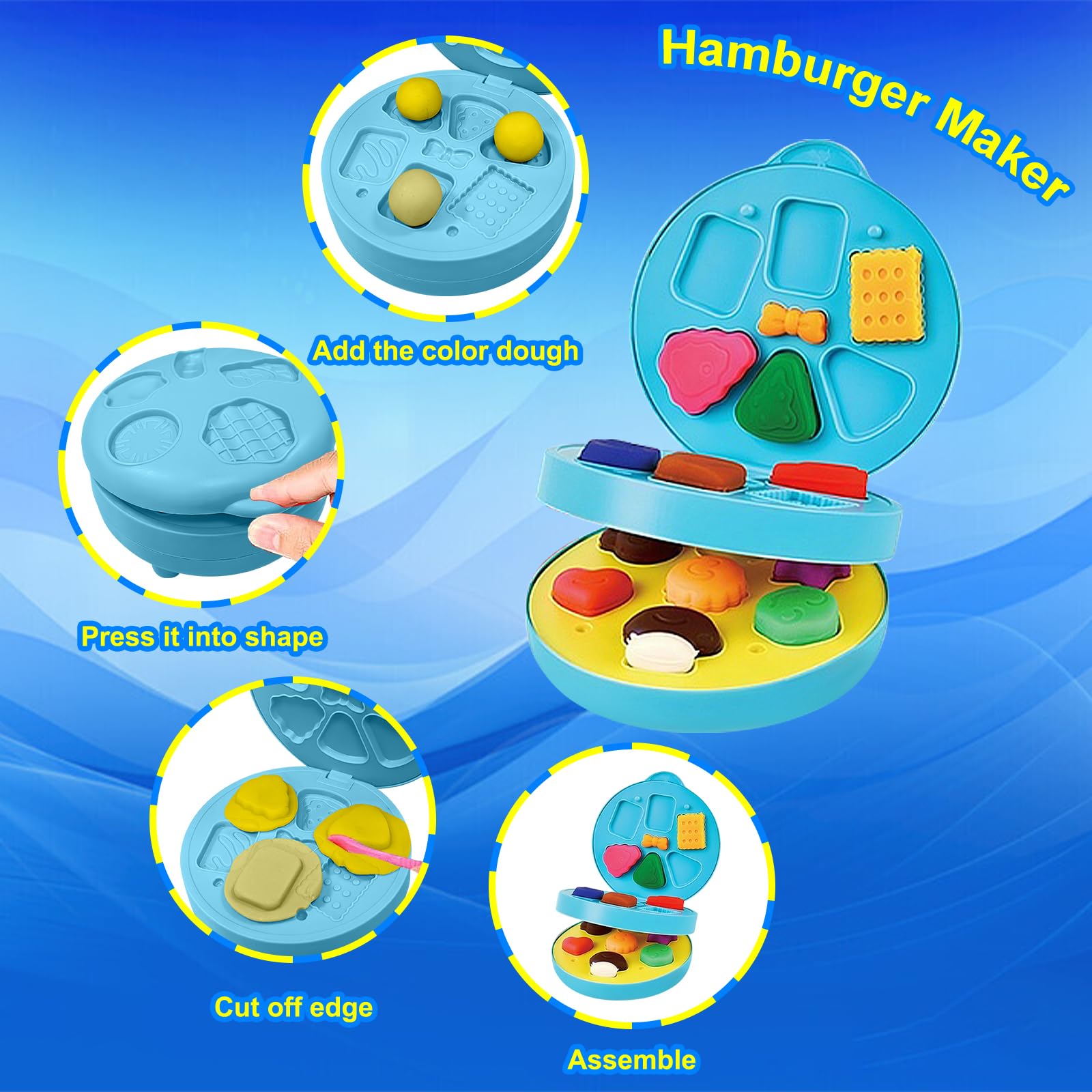 Set di Pasta modellabile Colorata 4 in 1 | Macchina per Fare Hamburger e Noodles al Gelato, kit di Utensili per Plastilina da 24 colori di Pasta