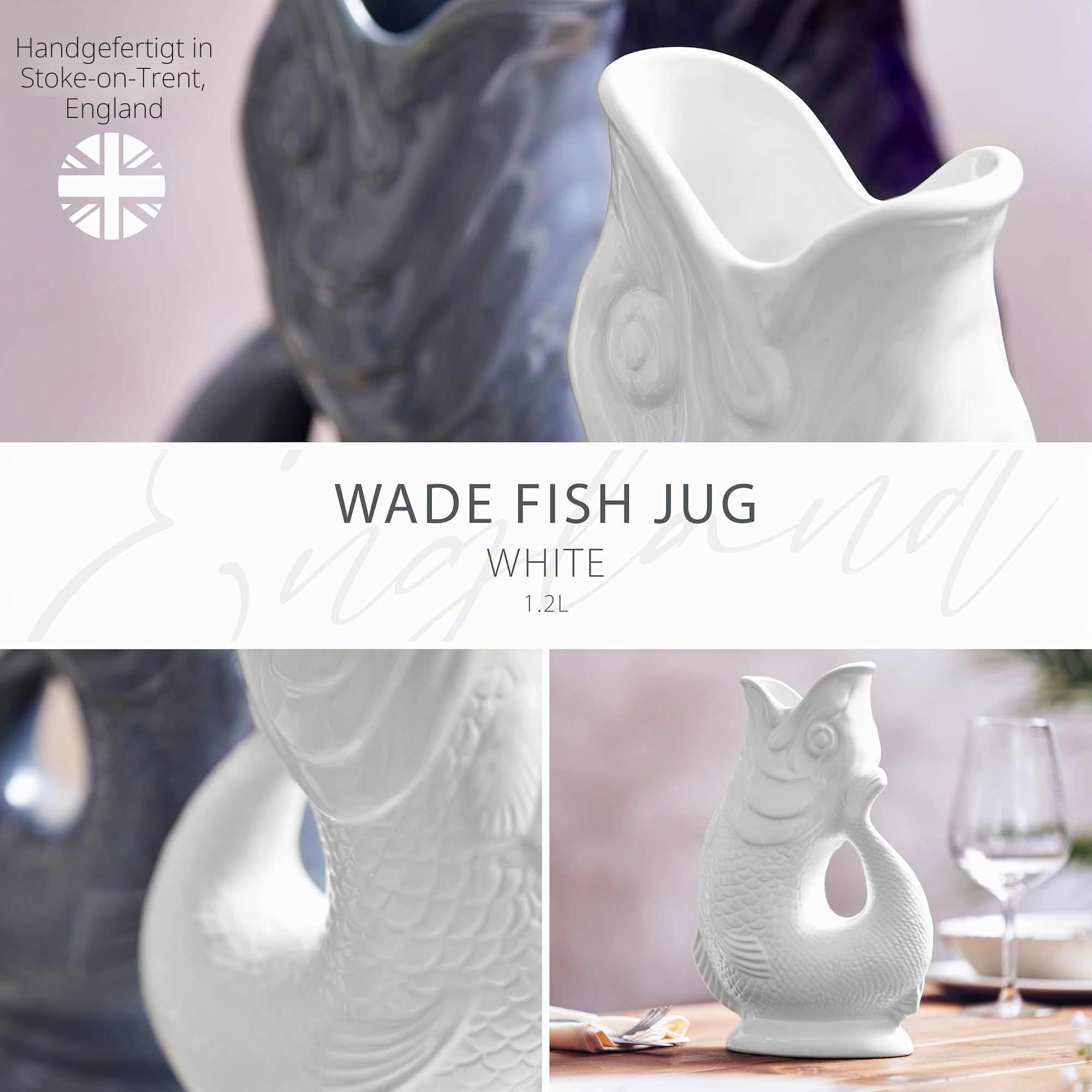Wade WA967803WHT Fischkrug, Steingut, ikonisches britisches Erbe, hergestellt in Stoke-on-Trent, 1,2 l, Weiß
