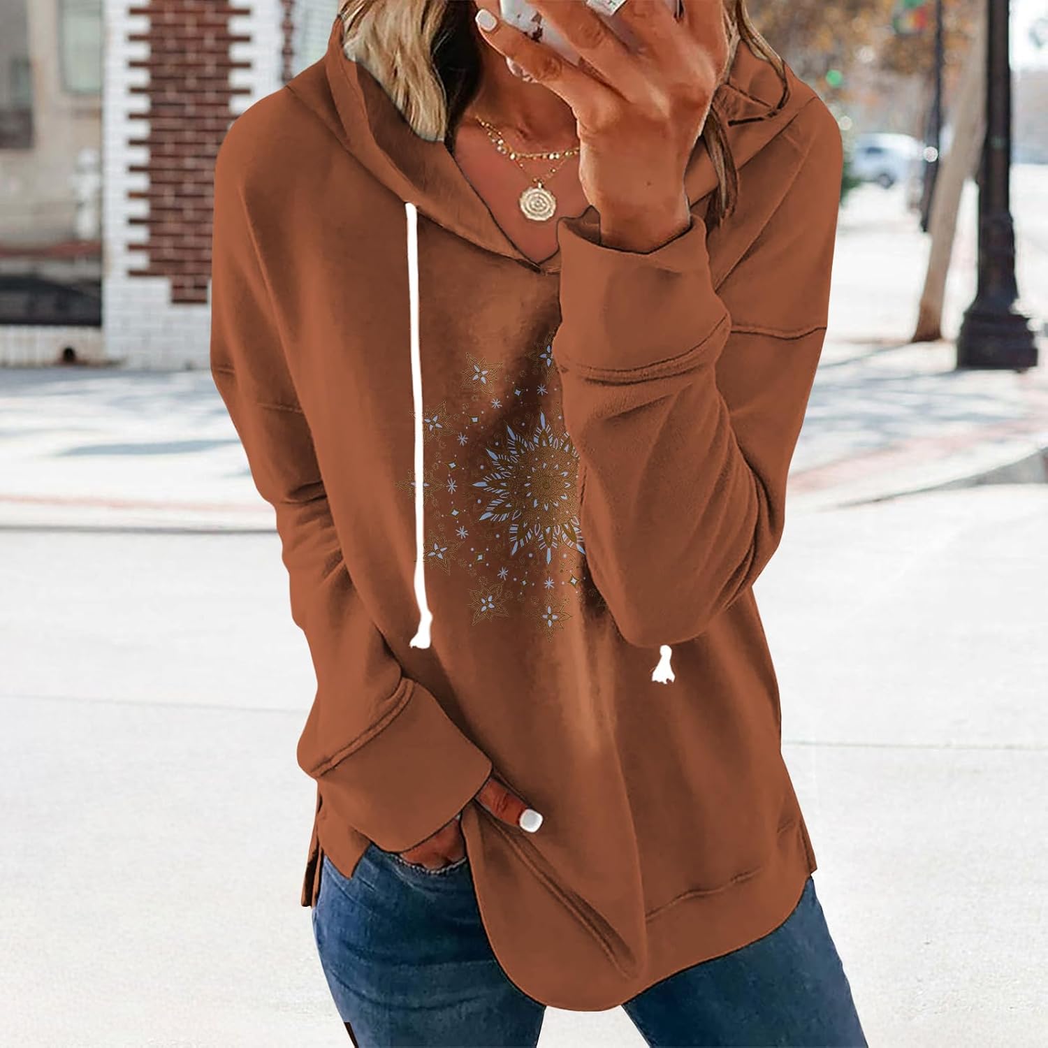 Women's Brown Mandala Print Hoodie Long Sleeve Loose Fit Pullover Sweatshirt With Drawstring For Fall Winter - Image 2