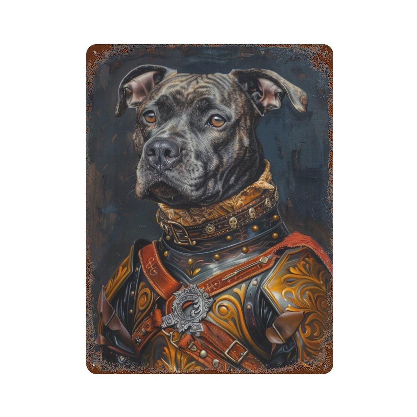 Medieval Dog Armor Art Print 15.7"x11.8" Aged Metal Wall Plaque, Novelty Wall Decor for Shed, Workshop And Garage Wall Decor