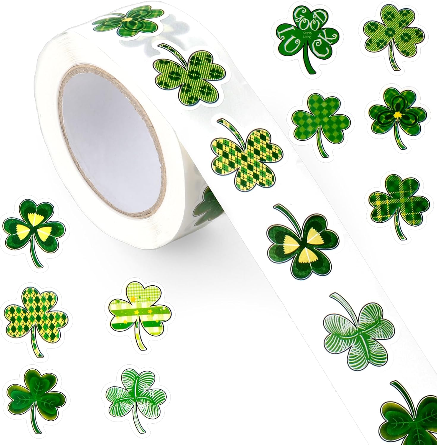 St Patricks Day Stickers, 500Pcs St. Patrick's Day Shamrock Stickers, Self-Adhesive Green Clover Pattern Roll Sticker Decals for Reward Scrapbook Journal Irish Holiday St. Patrick's Party Decorations