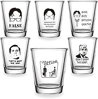 Vista 2 de Juego de 6 vasos de chupito de mercancía de The Office, vasos de chupito transparentes de 1.5 onzas con base pesada, regalos divertidos