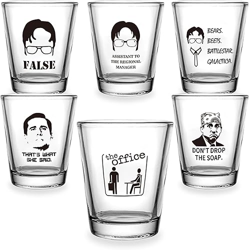 Miniatura 2 de Juego de 6 vasos de chupito de mercancía de The Office, vasos de chupito transparentes de 1.5 onzas con base pesada, regalos divertidos para