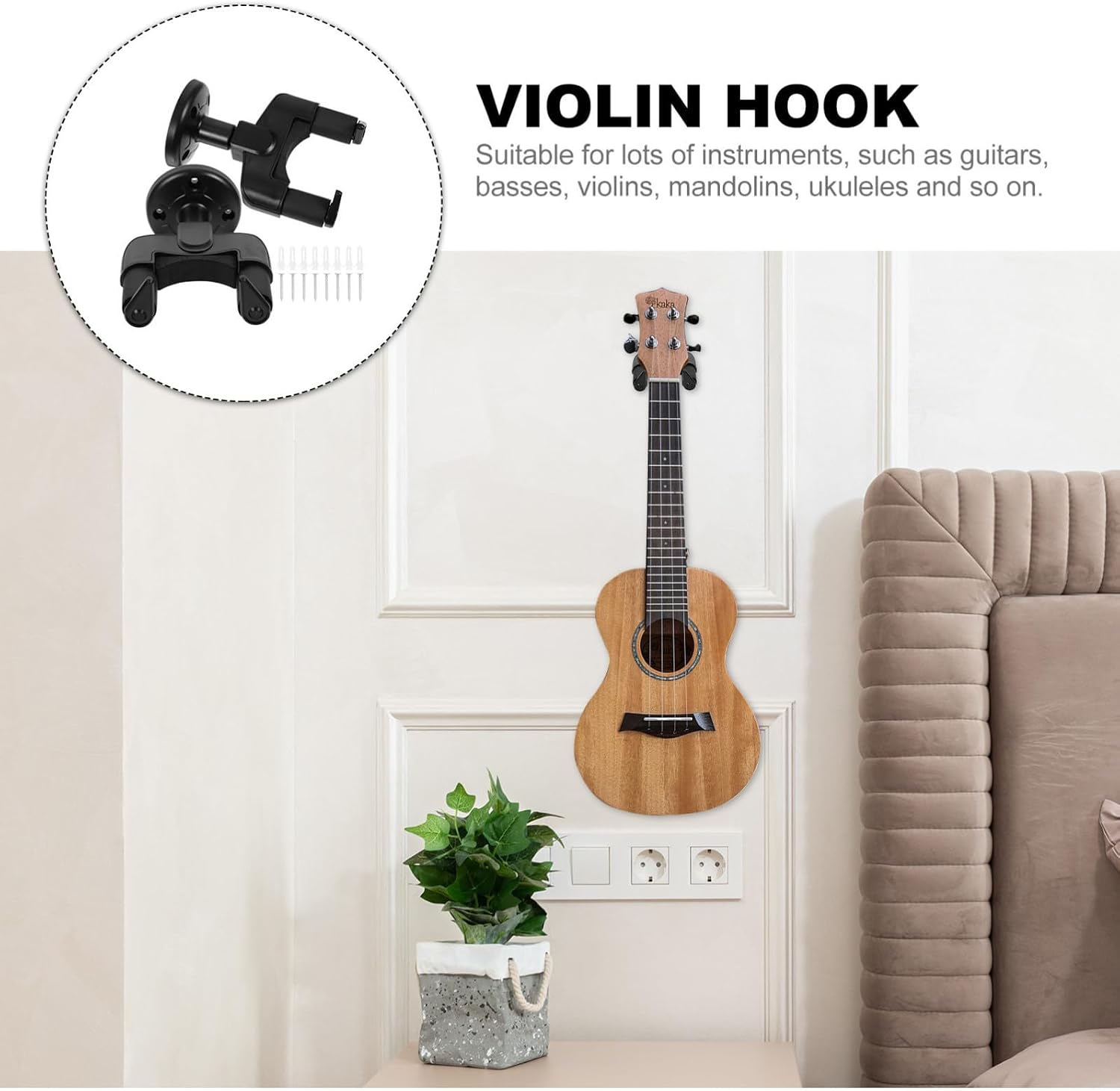 2pcs Wall-Mounted Violin Ukulele Guitar Hanger Hooks with Anti-Drop Buckle, Musical Instrument Holder Rack for Home Studio and Music Room image 3
