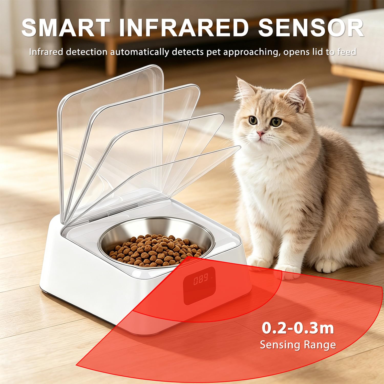 Nassfutterautomat für Katzen, 350ml Katzenfutter Automat mit Infrarot Sensor, Automatischer Futternapf mit aufklappbarem Deckel Für kleine & mittelgroße Hunde und Katzen & für Nass- & Trockenfutter