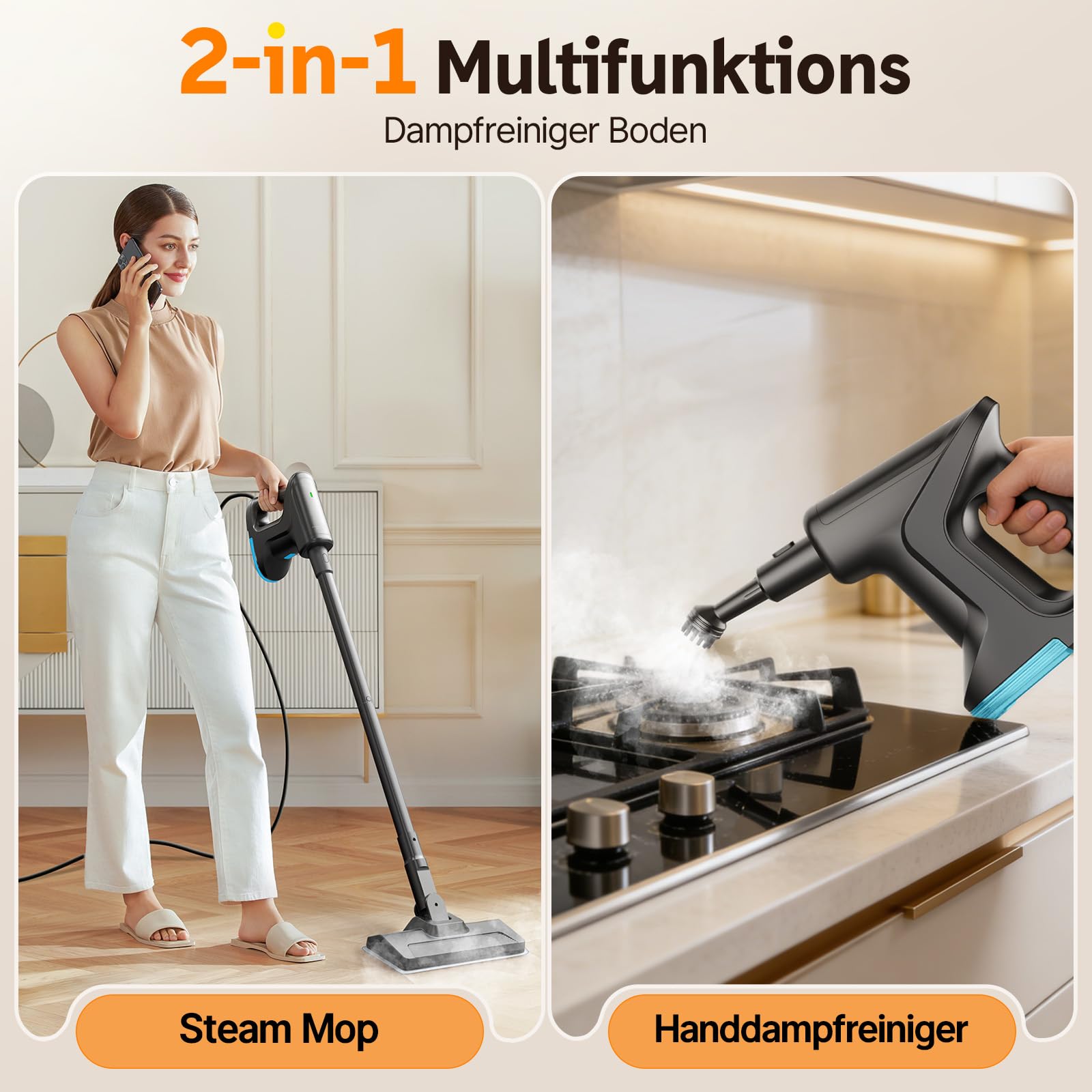 Nettoyeur Vapeur, Balai Vapeur démontable chauffe en 15s, 145℃ nettoyage à la vapeur sans produits chimiques, Steam Cleaner Portable pour Parquets Carrelages Joints Fenêtres Salles de Bains Cuisines
