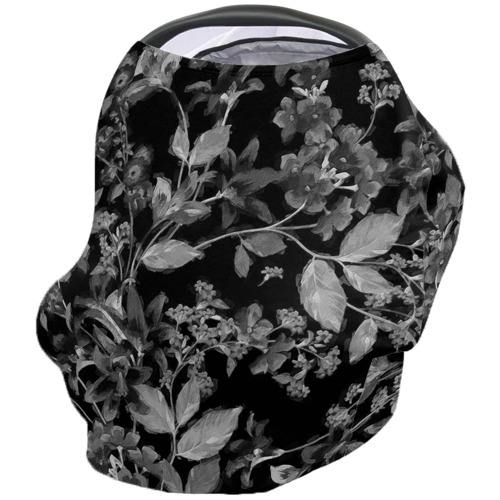 Nursing Cover for Breastfeeding Scarf, Grey Floral Leaves Black Baby Car Covers Super Soft Multi Use for Canopy Shopping Cart Cover Blanket Stroller Cover