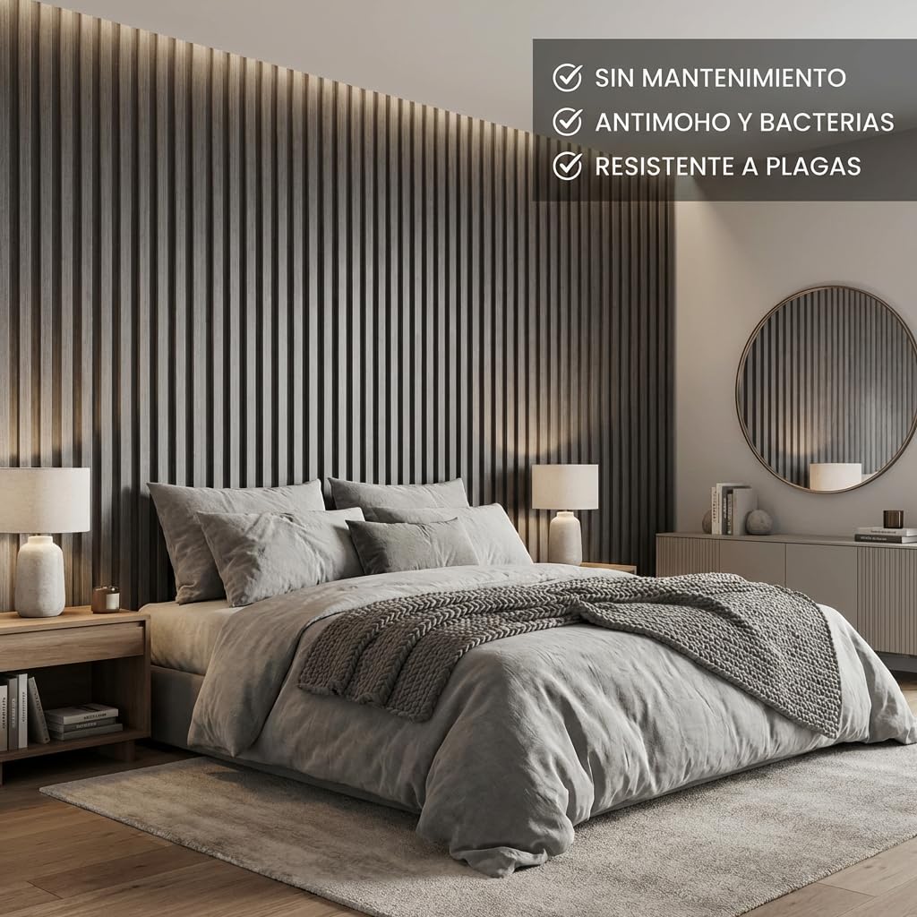 Revestimiento Pared Madera WPC Sólido - 6 Paneles Decorativos 3D Acanalados (130x15,8cm) - Listones Pared Interior Impermeable e Ignífugo - Roble Ahumado