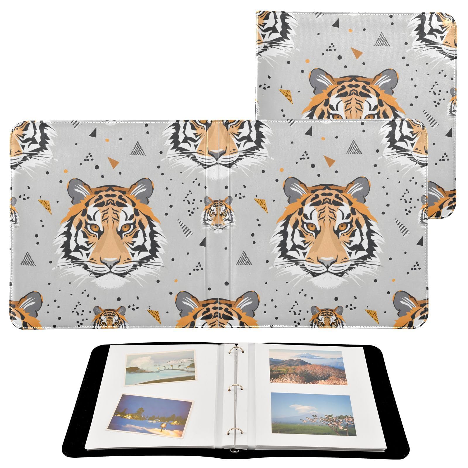 JIPONI Tigers Head Pattern Large Photo Album, DIY Leather Cover Scrapbook Albums for 4x6 5x7 6x8 Pictures, Self Adhesive Memory Book for Wedding, Baby, Family