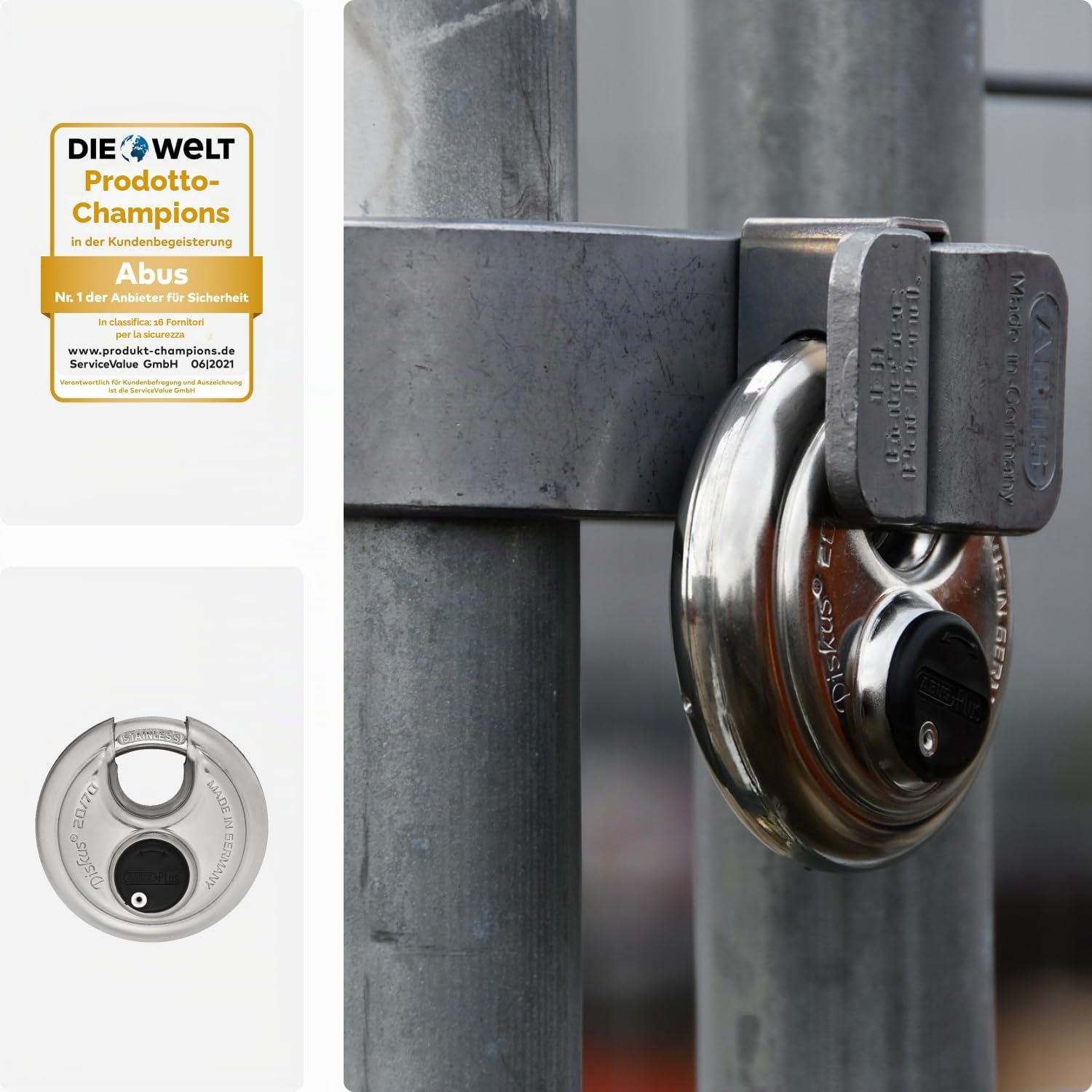 ABUS Lucchetto Diskus 20/70 - Sicurezza Livello 9, Impermeabile | Corpo e arco in acciaio inox - cilindro ABUS-Plus anti-manipolazione - 70x70x30,5 mm - protezione sporco e spruzzi
