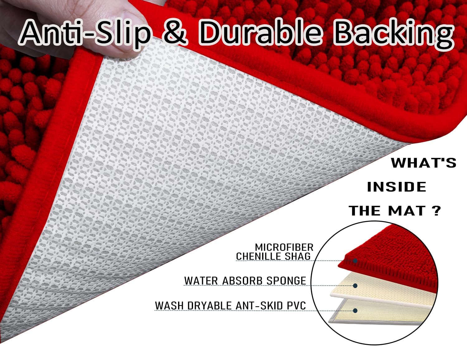 Bathroom Rugs Sets 3 Piece,Bath Mats for Bathroom Non Slip, Thick Chenille Bath Rug,Soft and Absorbent Shaggy Bathroom Mat Set, Machine Wash & Quick Dry Durable Carpet for Bath,Kitchen,Red