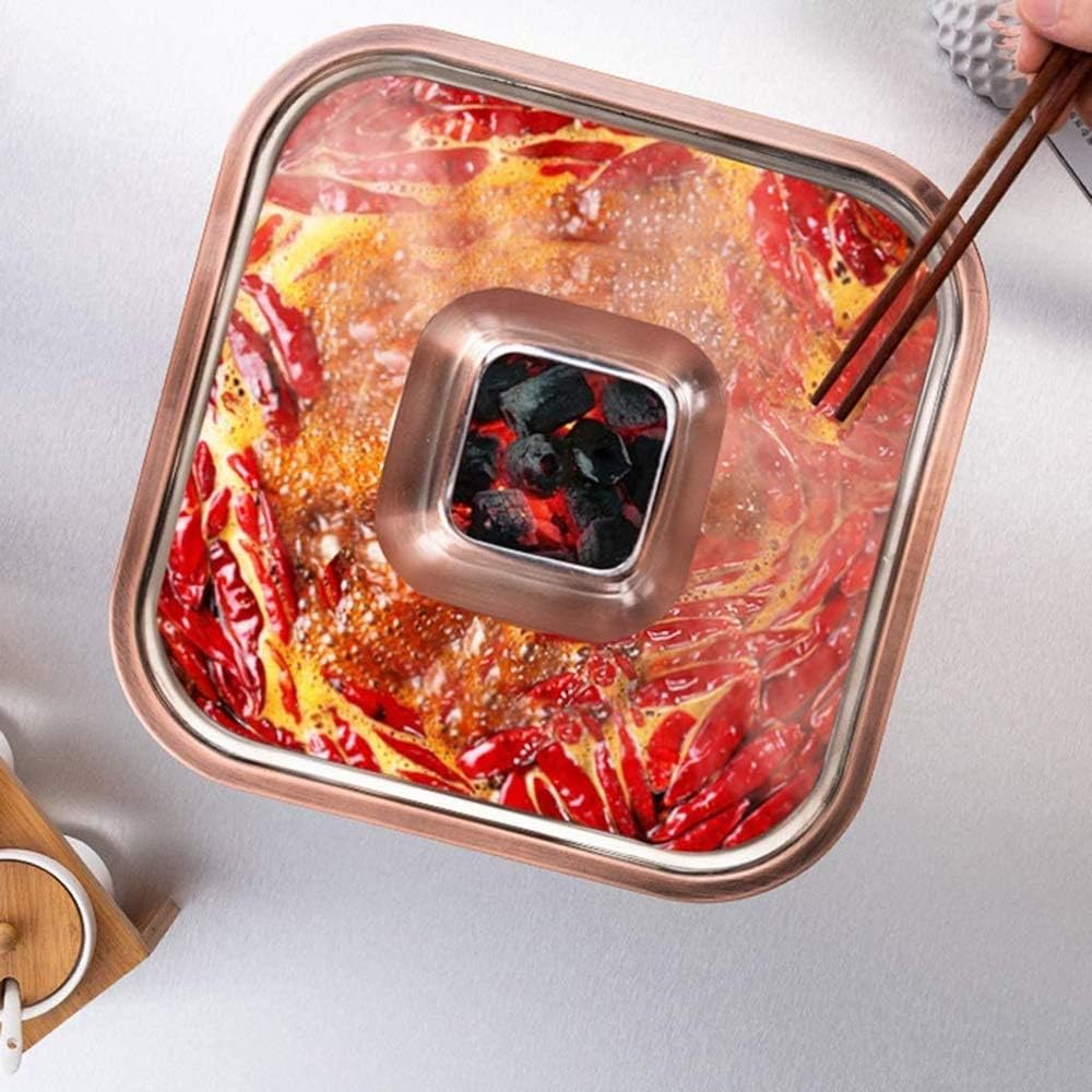 Copper hot Pot， Chinese Traditional Old Beijing Imitation Copper Hot Pot Stainless Steel Thickened Square Hot Pot Charcoal Heating Multi-Person Hotpot Suitable for Family,36cm