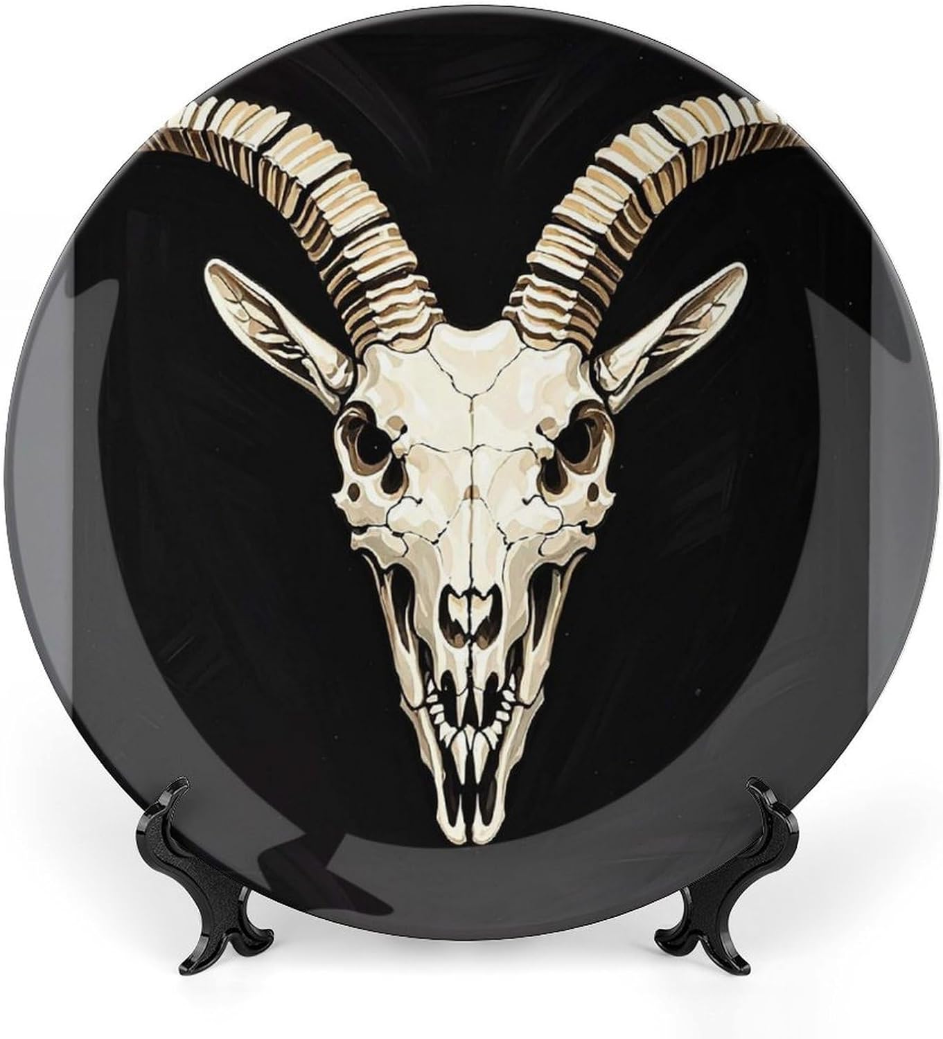 A Gothic Goat Skull Bone China Decorative Plate with Display Stand, Ceramic Ornaments Plate for Wall Hanging, Personalized Porcelain Plates for Office, Living Room 8inch