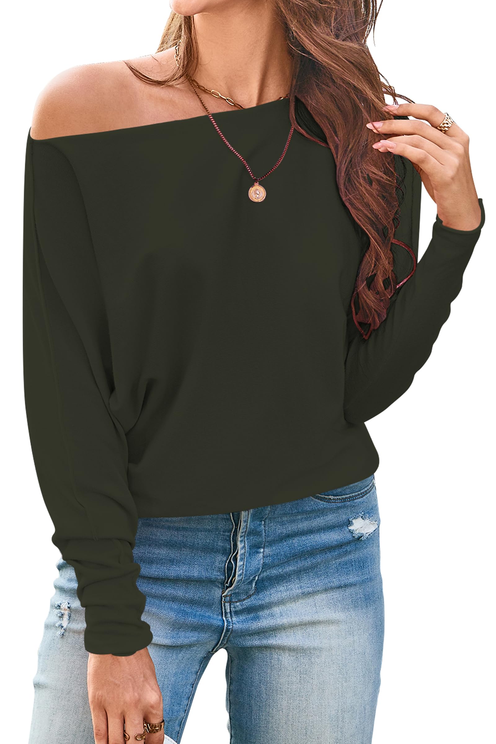 Cakulo Womens Off The Shoulder Sweater Lightweight Oversized Batwing Long Sleeve Knit Tops Fall Pullover Sweaters