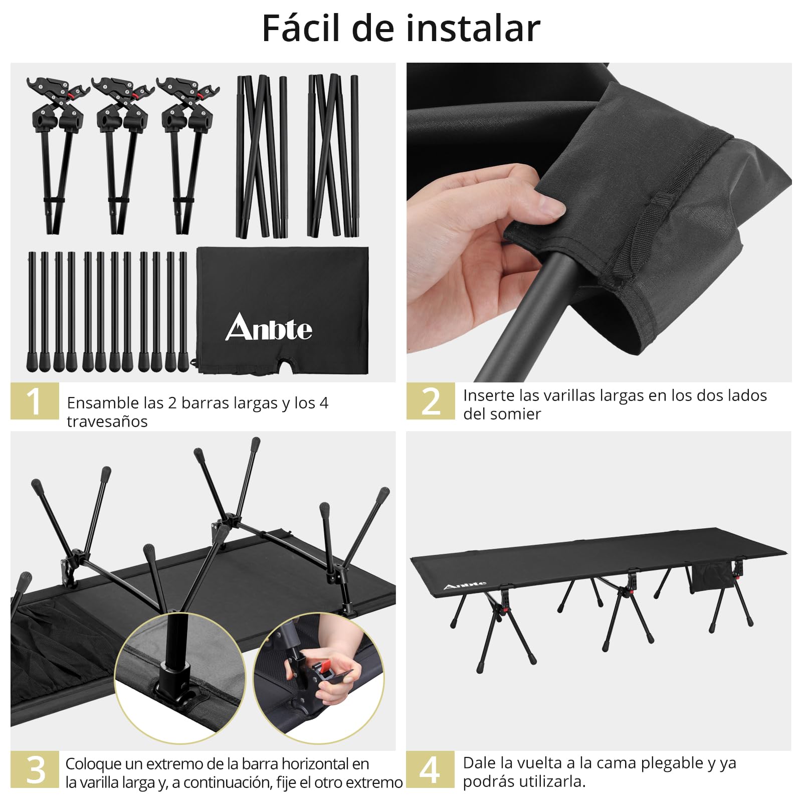 Anbte Cama de Camping Cuna de Acampada Ultraligera, Ajustable en Altura Soporta hasta 180KG, Cómoda Cama Plegable para Camping, Senderismo, Viajes, Camiones, Playa, Oficina, Negro