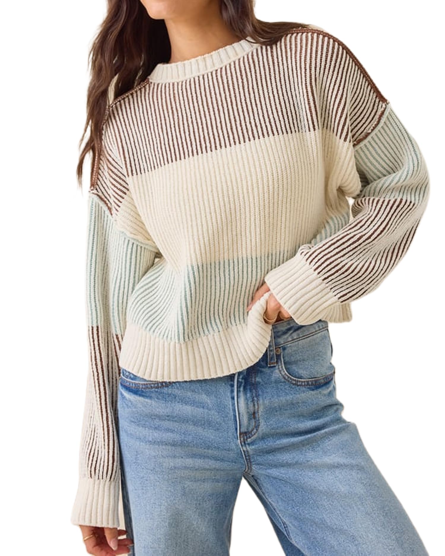 Womens Striped Color Block Chunky Knit Sweater Mock Neck Long Sleeve Ribbed Sweaters Oversized Pullover Jumper Top